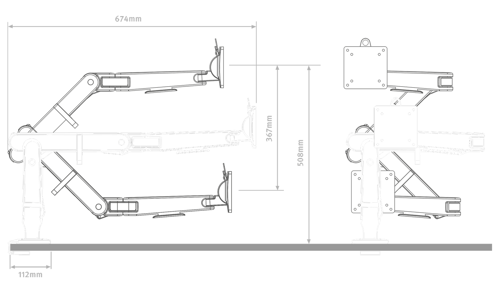 Illustrazione in bianco su sfondo nero di un braccio porta monitor Ollin, che mostra le specifiche di altezza.