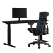 Pacchetto di gioco Herman Miller, che include scrivania Nevi, bracciolo per monitor Ollin e una sedia Logitech G Embody in ciano.