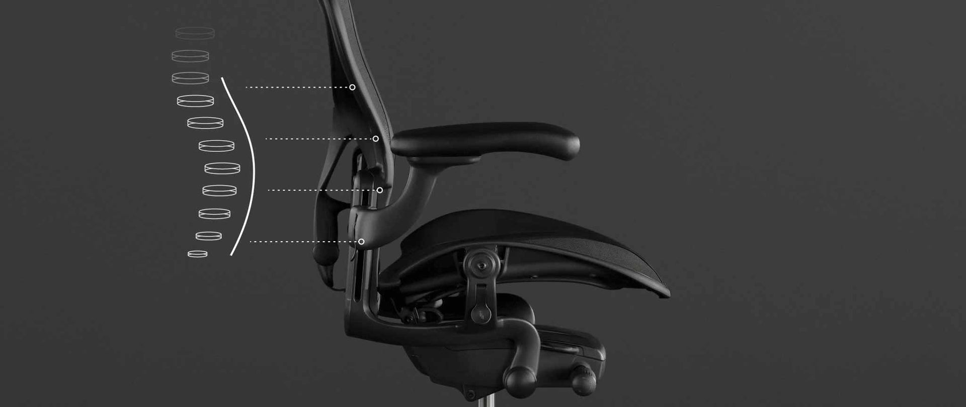Vista laterale di una sedia da gioco Aeron nera di Herman Miller, sovrapposta a una grafica bianca che evidenzia il supporto regolabile dello schienale.