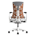Vista posteriore di una sedia da gioco Ignite Herman Miller Embody con tessuto grigio Dark Mineral Sync, telaio bianco e schienale arancione.