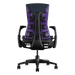 Vista posteriore di una sedia da gioco Nova Herman Miller Embody con tessuto Nightfall Sync blu scuro, telaio nero e schienale viola.