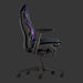 Vista laterale di una sedia da gioco ergonomica Nova Herman Miller Embody con tessuto Nightfall Sync blu scuro, telaio nero e schienale viola.