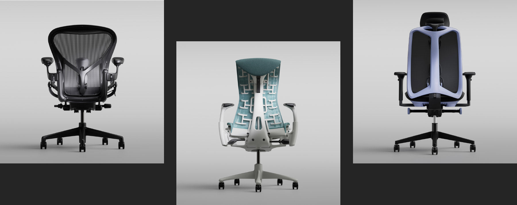 Vista posteriore di una sedia Aeron nera onice, una Embody blu galassia e una sedia da gioco Vantum viola mistico di Herman Miller su uno sfondo grigio chiaro.