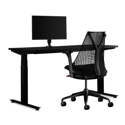 Pacchetto di gioco Herman Miller, che include scrivania Nevi, bracciolo per monitor Ollin e una sedia Sayl in nero.