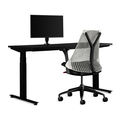 Pacchetto di gioco Herman Miller, che include scrivania Nevi, bracciolo per monitor Ollin e una sedia Sayl in bianco da studio.