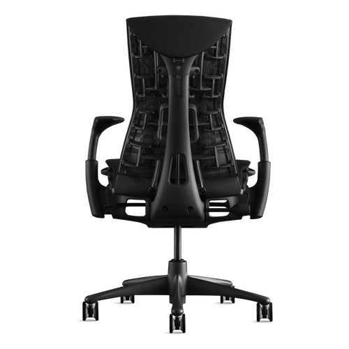 Vista posteriore di una sedia da ufficio Logitech G Embody nera di Herman Miller Gaming, progettata da Bill Stumpf e Jeff Weber