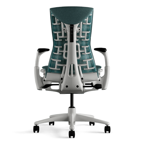 Vista del retro di una sedia da gioco Herman Miller X Logitech Embody blu-verde e bianca in Galaxy
