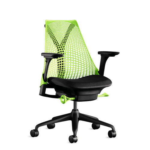 Vista posteriore di una sedia da ufficio Sayl verde neon di Herman Miller, disegnata da Yves Béhar