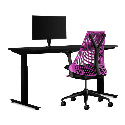 Pacchetto di gioco Herman Miller, che include scrivania Nevi, bracciolo per monitor Ollin e una sedia Sayl in rosa interstellare.