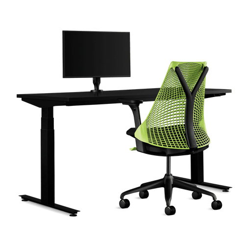 Pacchetto di gioco Herman Miller, che include scrivania Nevi, bracciolo per monitor Ollin e una sedia Sayl in verde neon.