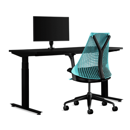 Pacchetto di gioco Herman Miller, che include scrivania Nevi, bracciolo per monitor Ollin e una sedia Sayl in blu oceano.