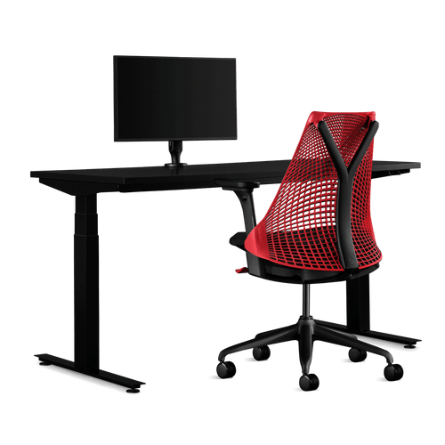 Pacchetto di gioco Herman Miller, che include scrivania Nevi, bracciolo per monitor Ollin e una sedia Sayl in rosso.